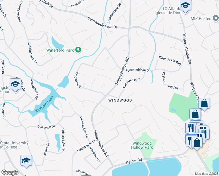 map of restaurants, bars, coffee shops, grocery stores, and more near 5130 Happy Hollow Road in Atlanta