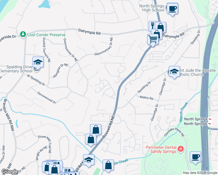 map of restaurants, bars, coffee shops, grocery stores, and more near 7072 Stonington Drive Northeast in Atlanta