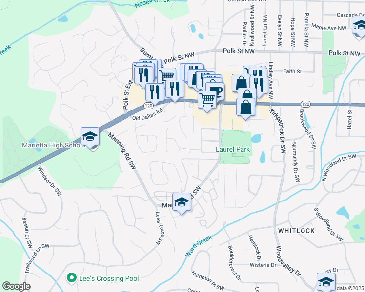 map of restaurants, bars, coffee shops, grocery stores, and more near 925 Whitlock Avenue Northwest in Marietta