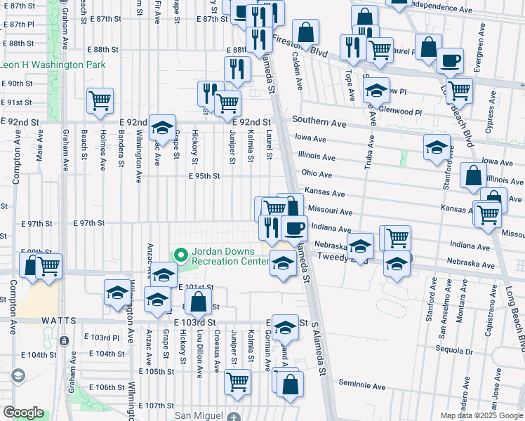 map of restaurants, bars, coffee shops, grocery stores, and more near 9621 Laurel Street in Los Angeles
