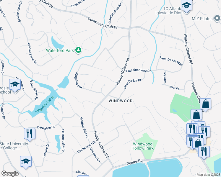 map of restaurants, bars, coffee shops, grocery stores, and more near 5130 Happy Hollow Road in Atlanta