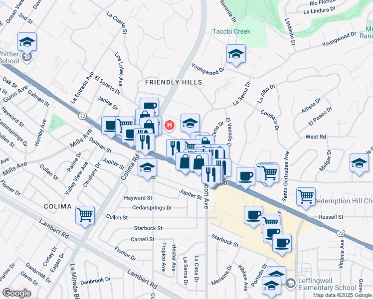 map of restaurants, bars, coffee shops, grocery stores, and more near 9827 La Serna Drive in Whittier