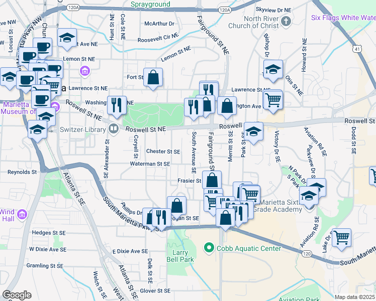 map of restaurants, bars, coffee shops, grocery stores, and more near in Marietta