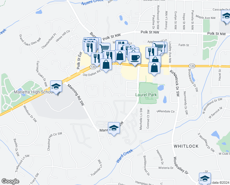 map of restaurants, bars, coffee shops, grocery stores, and more near 914 Westland Drive Southwest in Marietta