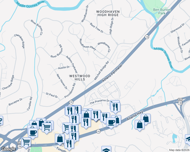 map of restaurants, bars, coffee shops, grocery stores, and more near 113 Lucy Lane in Athens