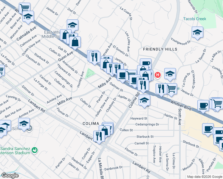 map of restaurants, bars, coffee shops, grocery stores, and more near 9125 Parise Drive in Whittier