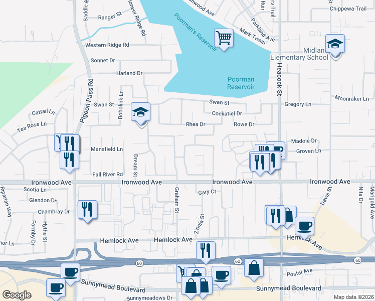 map of restaurants, bars, coffee shops, grocery stores, and more near 11826 Wild Flax Lane in Moreno Valley