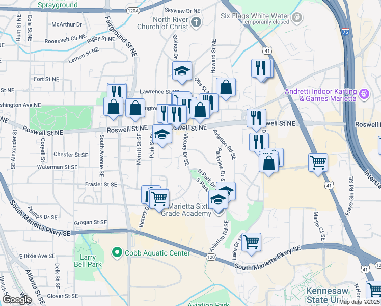 map of restaurants, bars, coffee shops, grocery stores, and more near 760 Mimosa Drive Southeast in Marietta