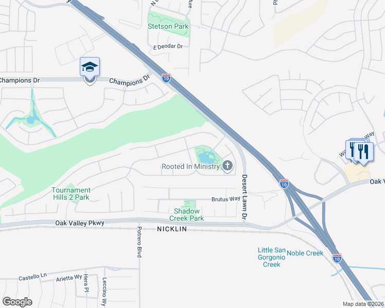 map of restaurants, bars, coffee shops, grocery stores, and more near 38108 Amateur Way in Beaumont