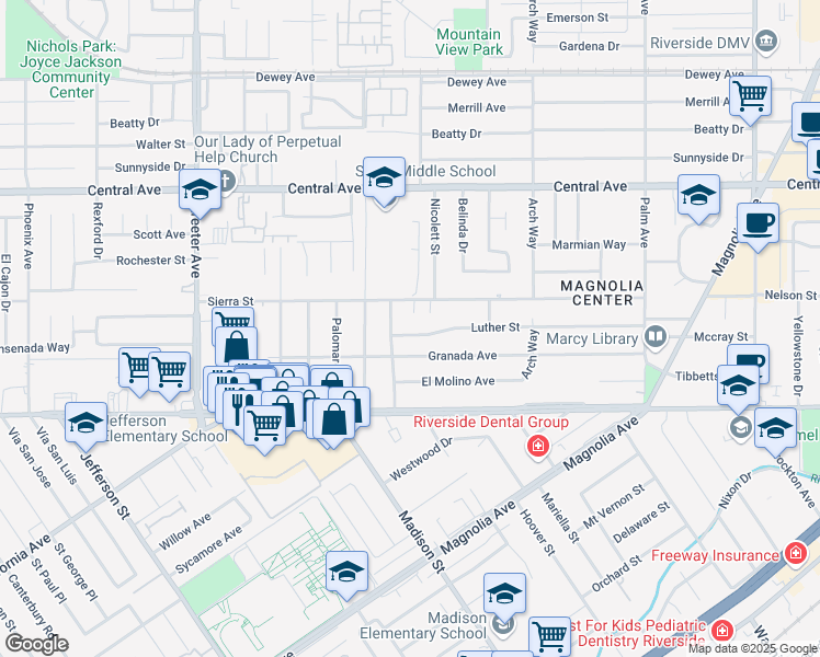 map of restaurants, bars, coffee shops, grocery stores, and more near 4919 Luther Street in Riverside