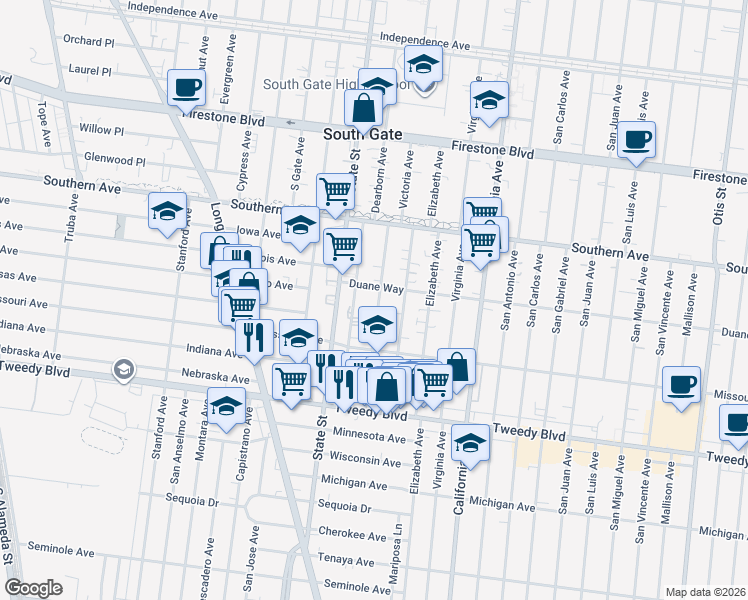 map of restaurants, bars, coffee shops, grocery stores, and more near 9525 Dearborn Avenue in South Gate