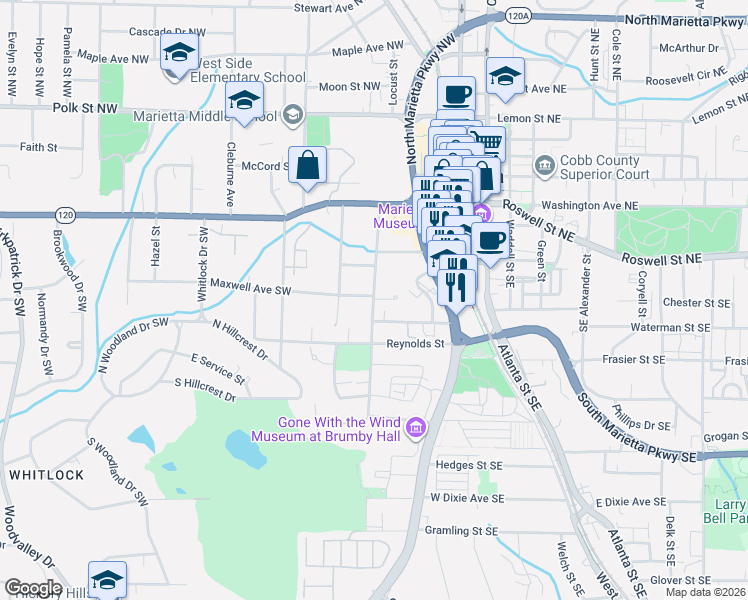 map of restaurants, bars, coffee shops, grocery stores, and more near 219 Wright Street SW in Marietta