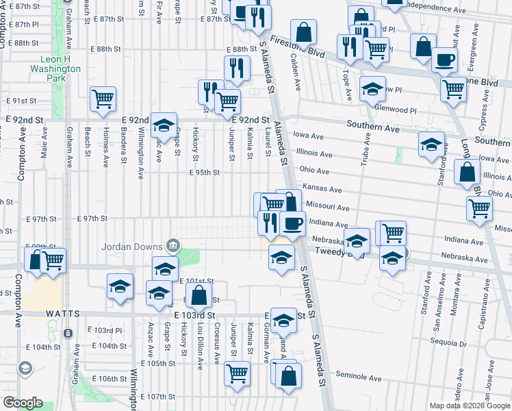 map of restaurants, bars, coffee shops, grocery stores, and more near 9620 Kalmia Street in Los Angeles