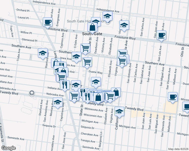 map of restaurants, bars, coffee shops, grocery stores, and more near 9525 Dearborn Avenue in South Gate