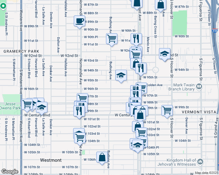 map of restaurants, bars, coffee shops, grocery stores, and more near 9501 Budlong Avenue in Los Angeles