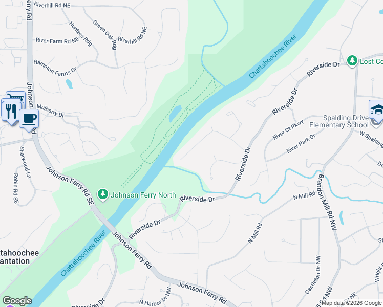 map of restaurants, bars, coffee shops, grocery stores, and more near 3000 River North Parkway Northwest in Atlanta