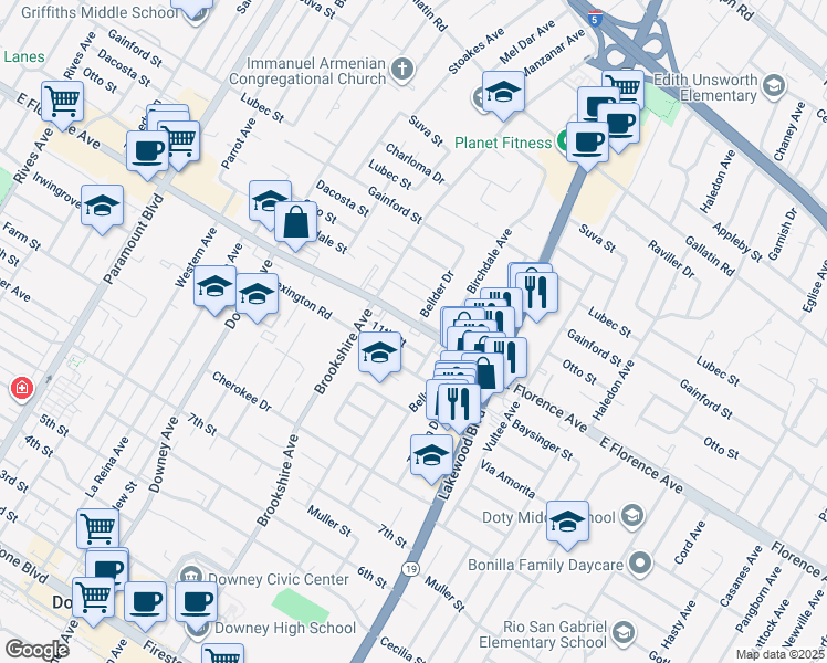 map of restaurants, bars, coffee shops, grocery stores, and more near 8545 Florence Avenue in Downey