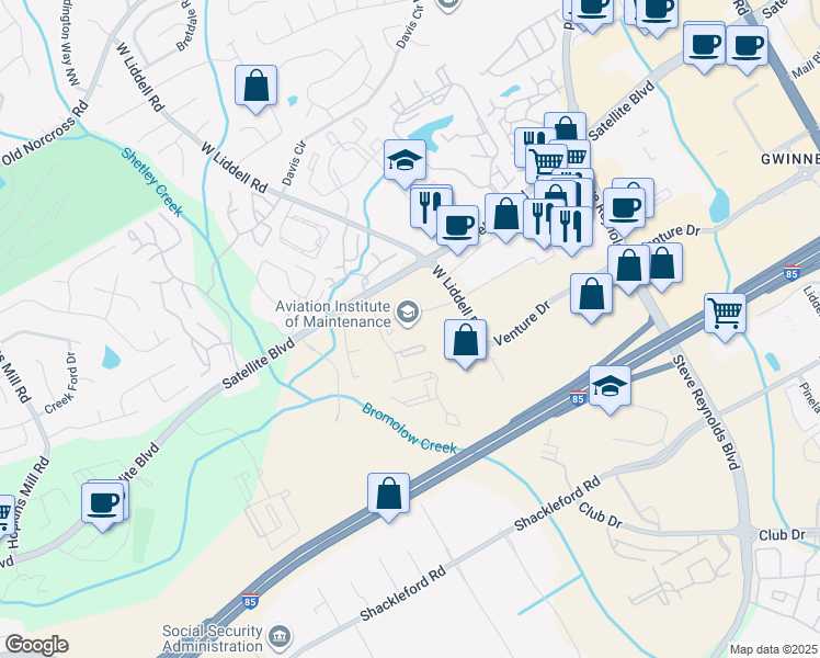 map of restaurants, bars, coffee shops, grocery stores, and more near 2041-2099 Satellite Pointe in Duluth