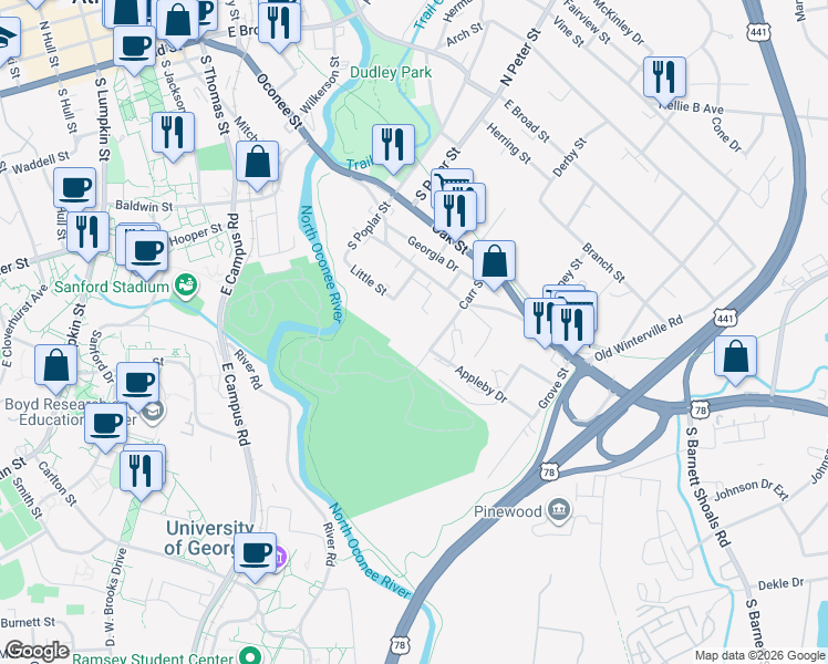 map of restaurants, bars, coffee shops, grocery stores, and more near 250 Little Street in Athens