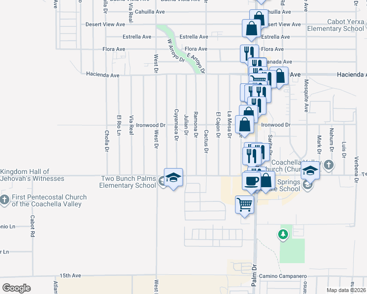 map of restaurants, bars, coffee shops, grocery stores, and more near 13721 Julian Drive in Desert Hot Springs