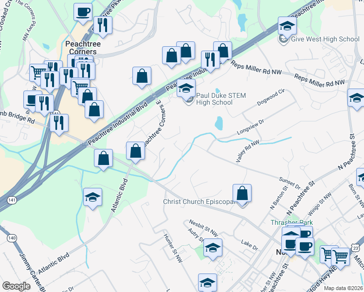 map of restaurants, bars, coffee shops, grocery stores, and more near 102 Doc's Creek Court in Norcross