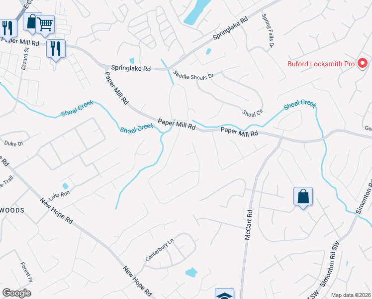 map of restaurants, bars, coffee shops, grocery stores, and more near 1165 Paper Creek Drive Southeast in Lawrenceville