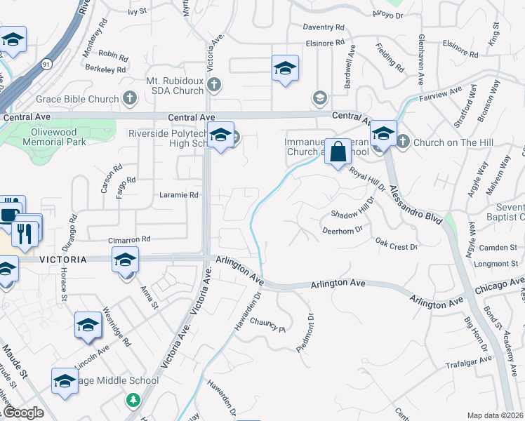 map of restaurants, bars, coffee shops, grocery stores, and more near 2572 Sunset Drive in Riverside