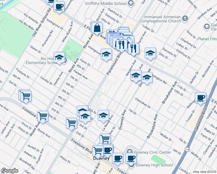 map of restaurants, bars, coffee shops, grocery stores, and more near 10517 Myrtle Street in Downey