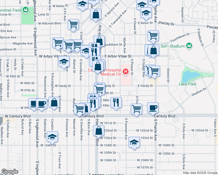 map of restaurants, bars, coffee shops, grocery stores, and more near 336 East Hardy Street in Inglewood