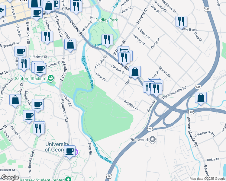 map of restaurants, bars, coffee shops, grocery stores, and more near 250 Little Street in Athens