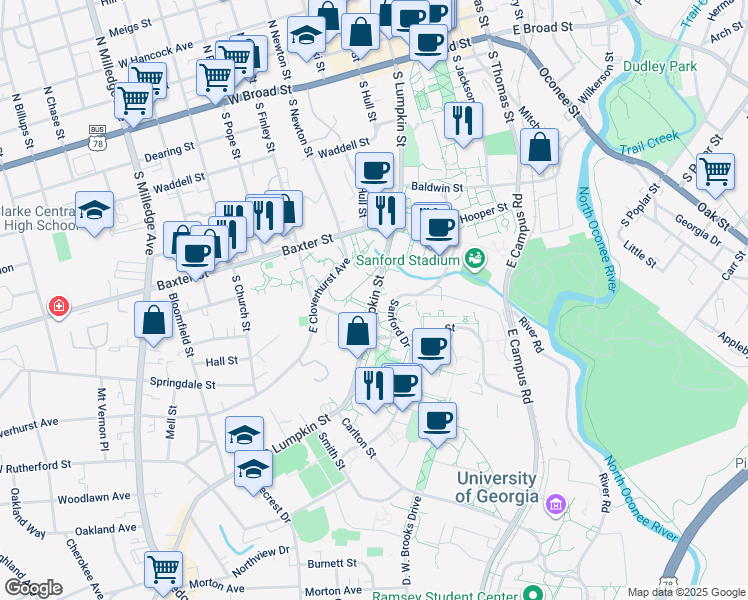 map of restaurants, bars, coffee shops, grocery stores, and more near South Lumpkin Street in Athens