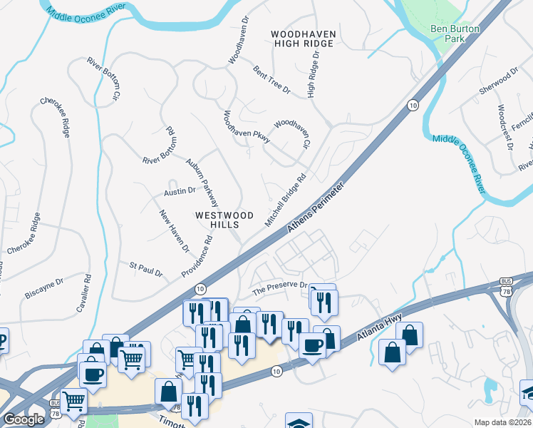 map of restaurants, bars, coffee shops, grocery stores, and more near 860 Mitchell Bridge Road in Athens