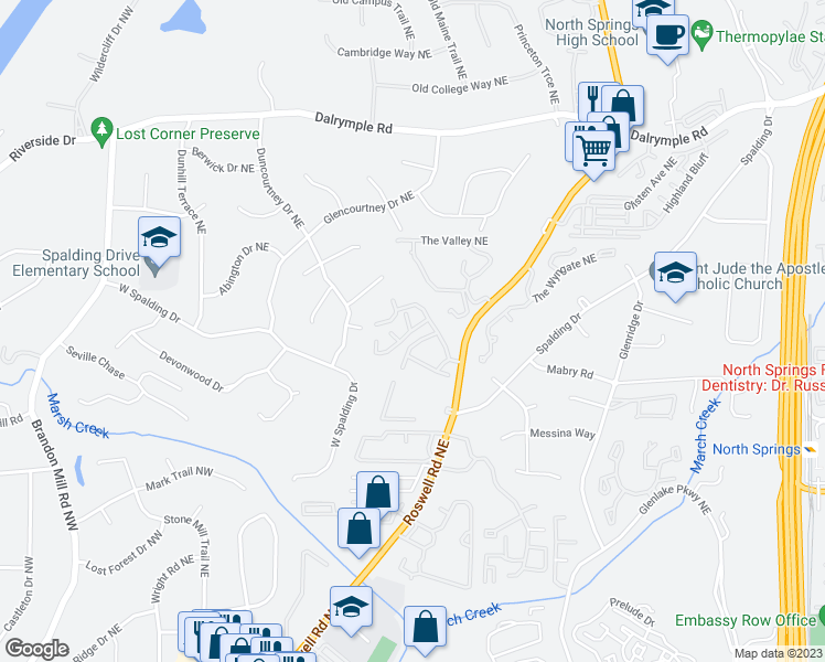 map of restaurants, bars, coffee shops, grocery stores, and more near 7320 Cardigan Circle Northeast in Atlanta