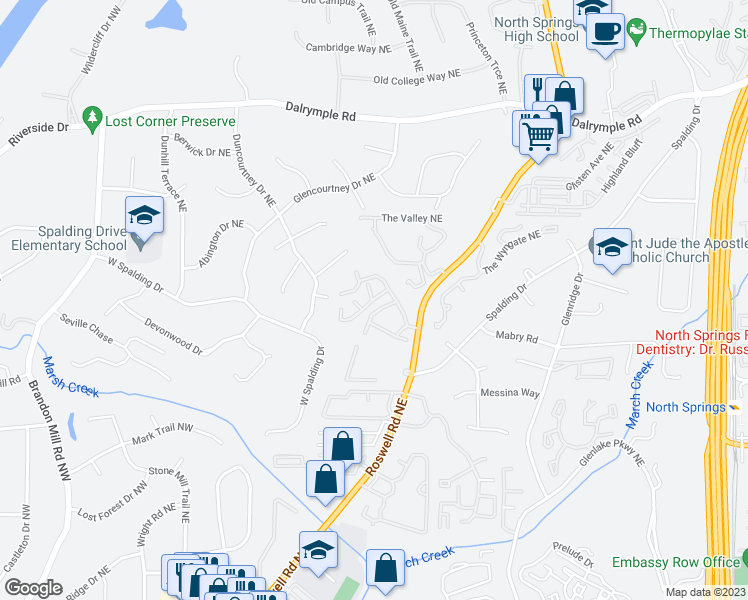 map of restaurants, bars, coffee shops, grocery stores, and more near 7338 Cardigan Circle Northeast in Atlanta