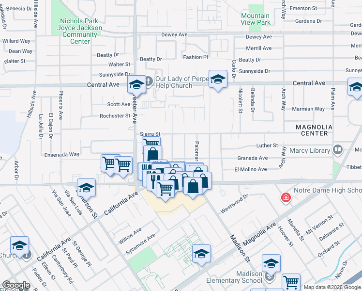 map of restaurants, bars, coffee shops, grocery stores, and more near 5090 Sierra Street in Riverside