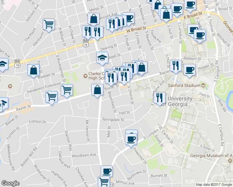 map of restaurants, bars, coffee shops, grocery stores, and more near 360 Peabody Street in Athens