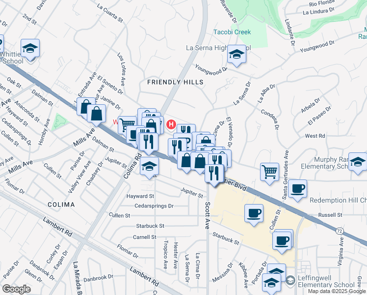 map of restaurants, bars, coffee shops, grocery stores, and more near 9827 La Serna Drive in Whittier