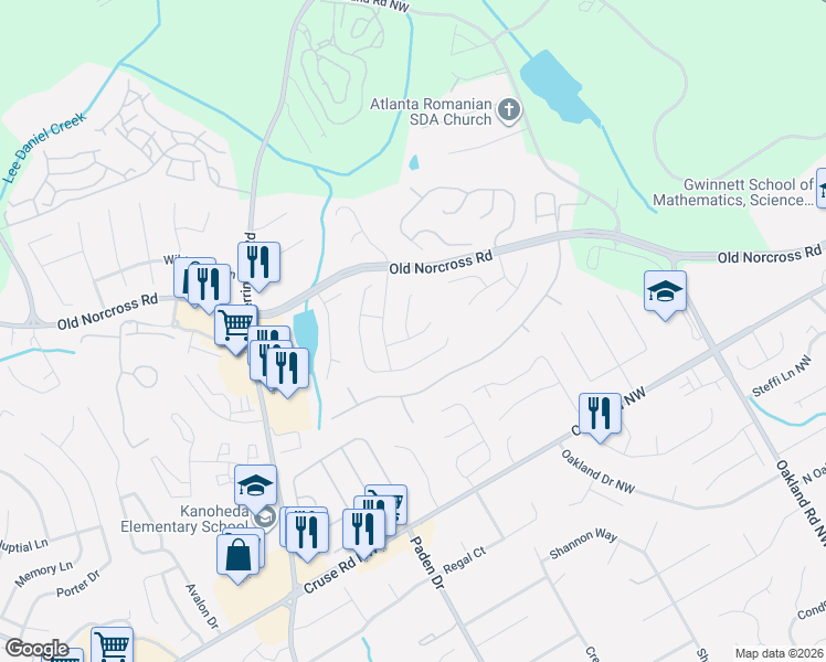 map of restaurants, bars, coffee shops, grocery stores, and more near 2355 Glen Chase Lane in Lawrenceville