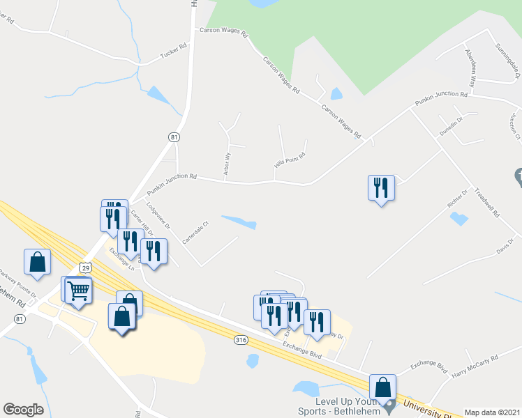 map of restaurants, bars, coffee shops, grocery stores, and more near 298 Punkin Junction Road in Bethlehem
