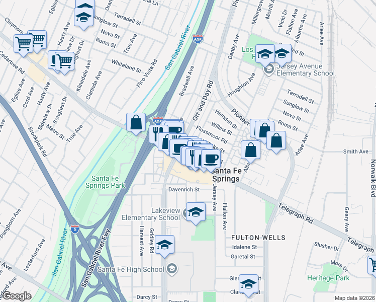 map of restaurants, bars, coffee shops, grocery stores, and more near 9863 Houghton Avenue in Santa Fe Springs