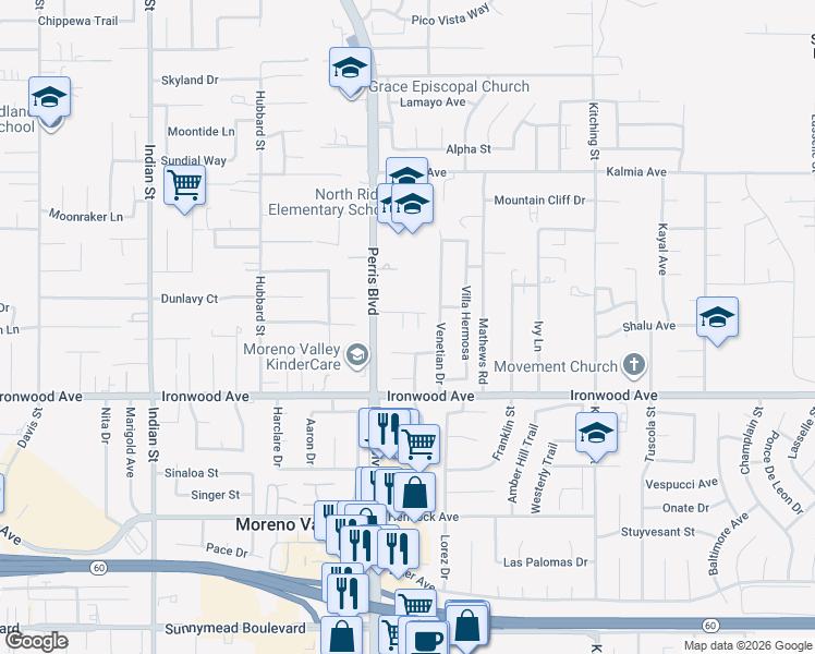map of restaurants, bars, coffee shops, grocery stores, and more near 25105 Vía Von Batsch in Moreno Valley