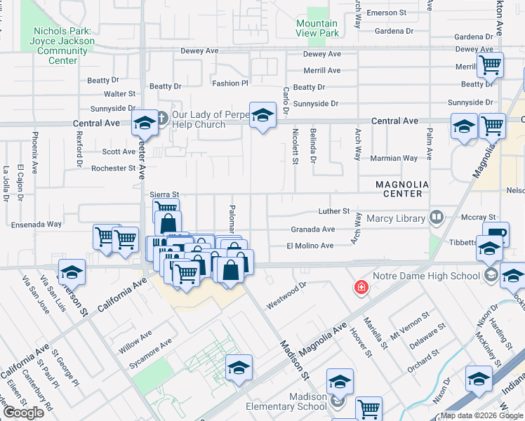 map of restaurants, bars, coffee shops, grocery stores, and more near 6812 Valencia Street in Riverside