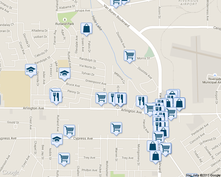map of restaurants, bars, coffee shops, grocery stores, and more near 6586 Geranium Place in Riverside