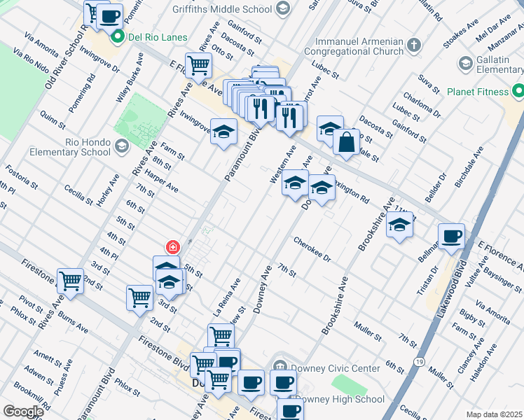 map of restaurants, bars, coffee shops, grocery stores, and more near 10404 Western Avenue in Downey