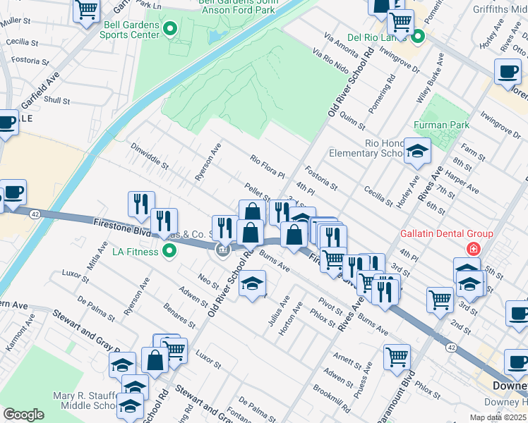 map of restaurants, bars, coffee shops, grocery stores, and more near 7336 Pellet Street in Downey