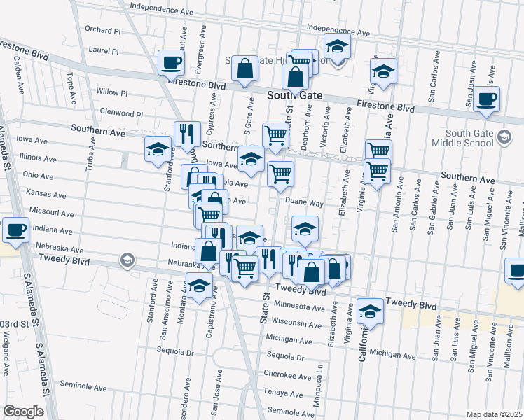 map of restaurants, bars, coffee shops, grocery stores, and more near 9501 State Street in South Gate