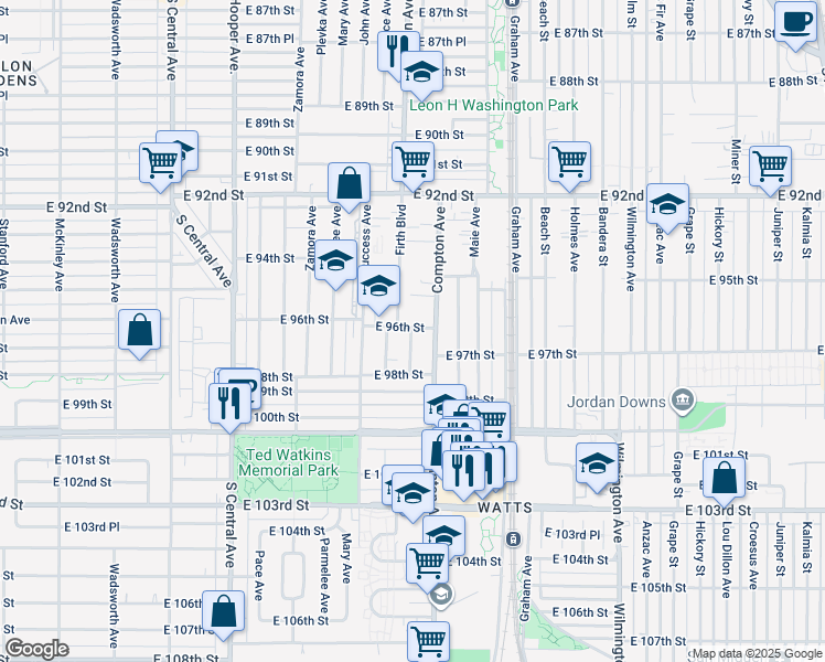 map of restaurants, bars, coffee shops, grocery stores, and more near 9543 Compton Avenue in Los Angeles