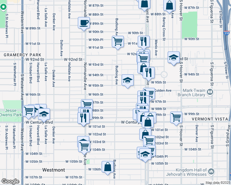 map of restaurants, bars, coffee shops, grocery stores, and more near 9501 Budlong Avenue in Los Angeles