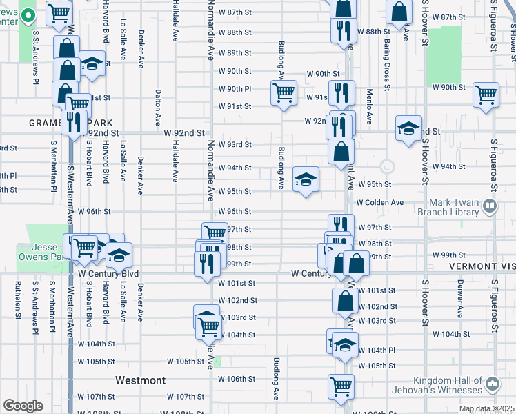 map of restaurants, bars, coffee shops, grocery stores, and more near 1240 West 95th Street in Los Angeles
