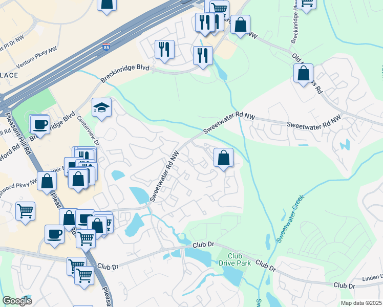 map of restaurants, bars, coffee shops, grocery stores, and more near Wesley Place in Lawrenceville